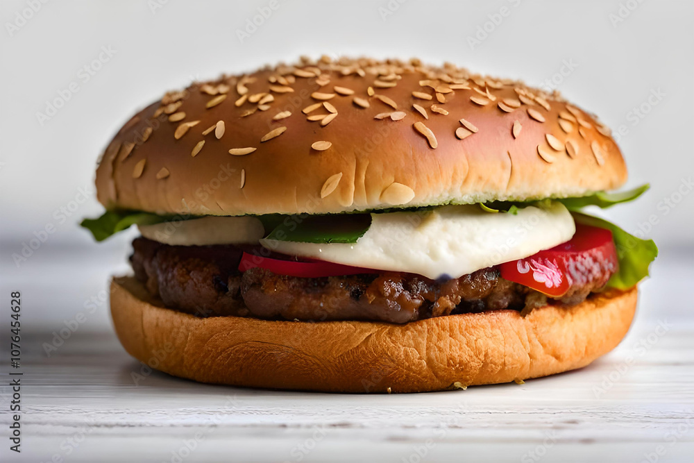 Delicious hamburger with fresh ingredients set against a stunning sunset perfect for food lovers and culinary photography Delicious hamburger with fresh ingredients set against a stunning sunset perfect for food lovers and culinary photography