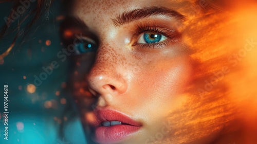 Vibrant abstract lighting frames a close-up of a woman's freckled face, capturing her mesmerizing gaze and highlighting beauty in a modern artistic style. photo