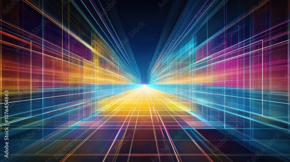 Abstract Digital Cityscape with Glowing Lines and Grids Abstract Digital Cityscape with Glowing Lines and Grids