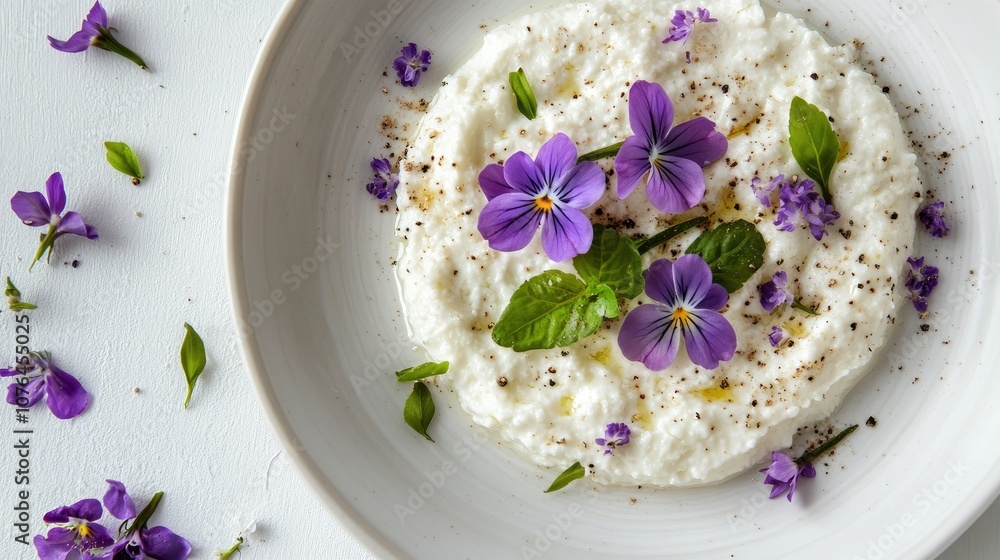 Fresh Cream Dish with Edible Flowers and Herbs Fresh Cream Dish with Edible Flowers and Herbs