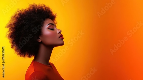 A beautiful profile image of a woman with an afro hairstyle set against a vibrant backdrop, showcasing elegance with modern, bold lighting and expressive features.