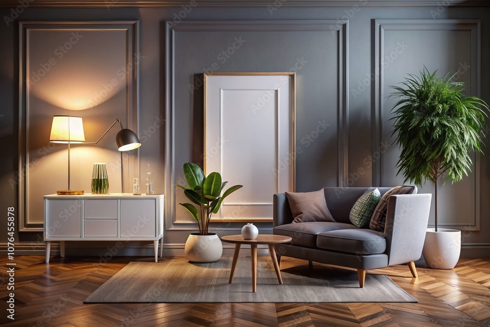 Fototapeta premium Elegant Living Room Interior Design with Mockup Poster on Wall, Featuring Large Picture Frame Decoration in Soft Low Light Photography for Stylish Home Ambiance