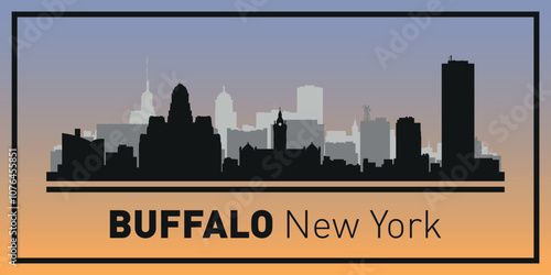 Silhouettes of buildings on Buffalo skyline in black frame. Vector on a colored background.