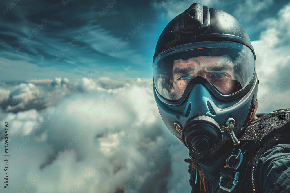 Parachutist with parachute makes heavenly adventure against on landscape Parachutist with parachute makes heavenly adventure against on landscape
