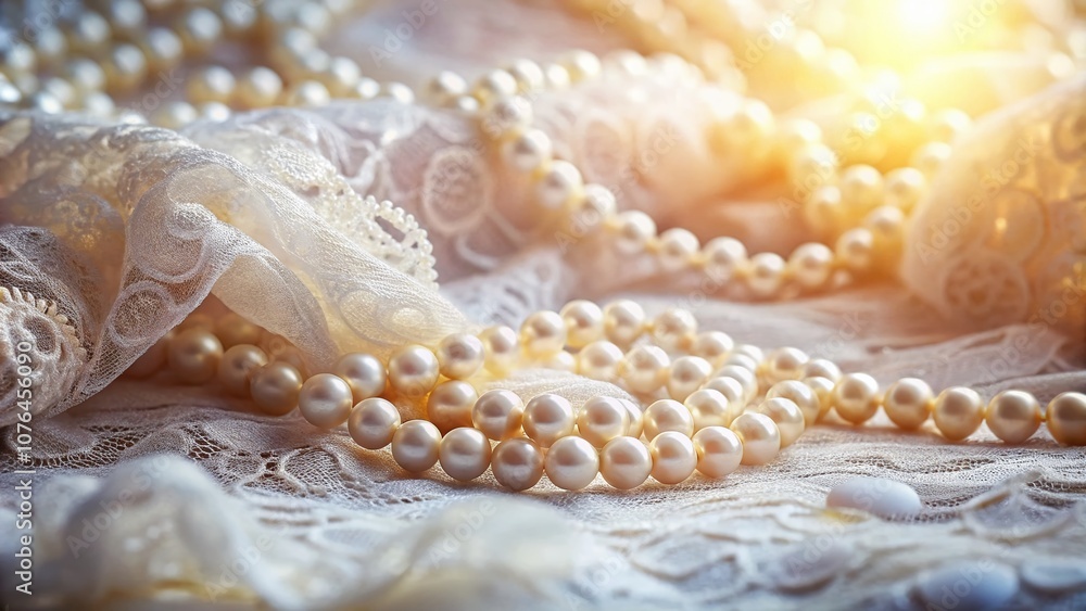 Elegant Long Exposure of a Pearl Necklace Draped Over Delicate Lace Fabric, Capturing the Softness and Intricacy of Textures in a Dreamy Atmosphere Elegant Long Exposure of a Pearl Necklace Draped Over Delicate Lace Fabric, Capturing the Softness and Intricacy of Textures in a Dreamy Atmosphere