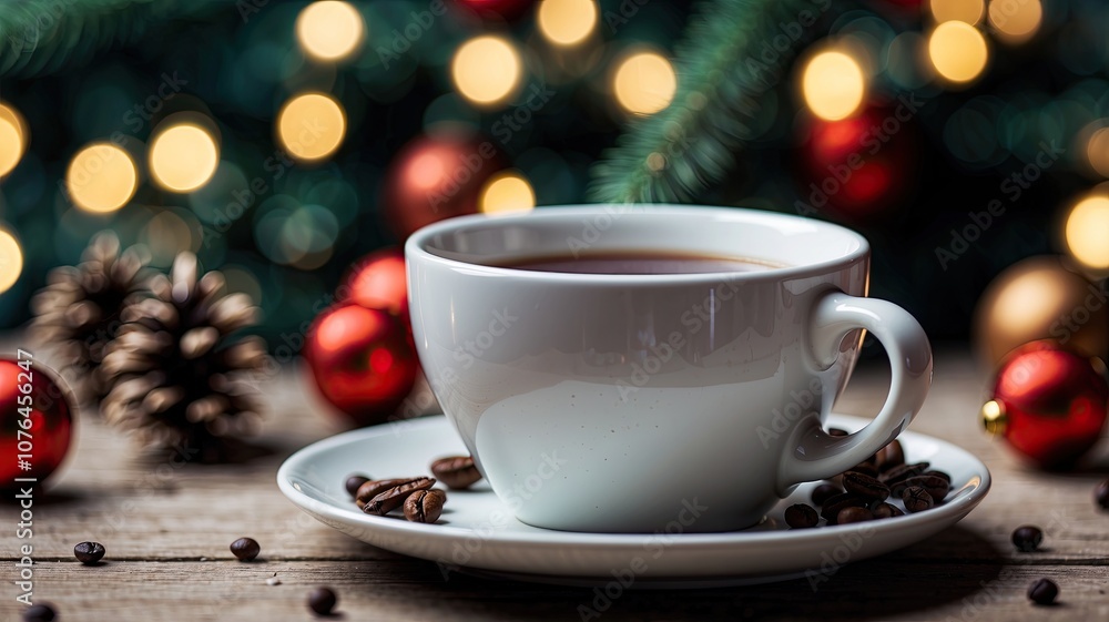 white ceramic cup with black coffee chrismas decoration white ceramic cup with black coffee chrismas decoration