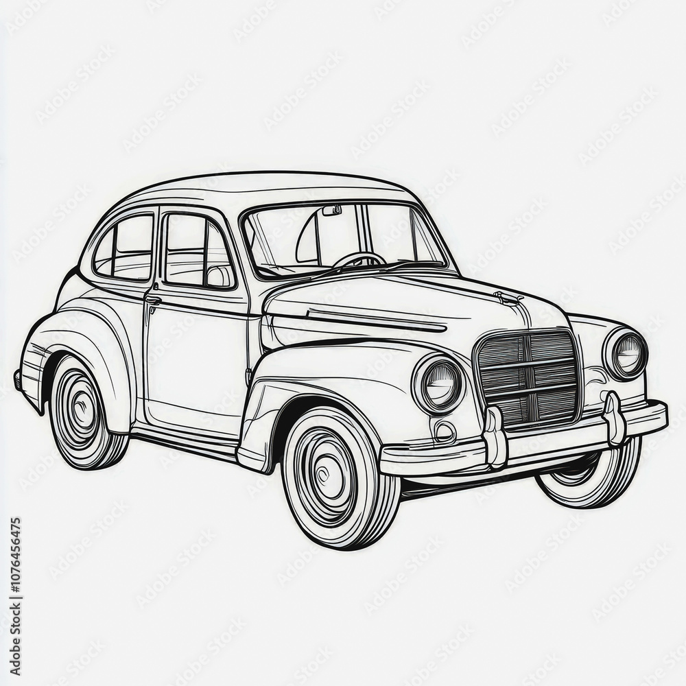Fototapeta premium Classic Vintage Car Illustration in Detailed Line Art Style, Ideal for Automotive Enthusiasts and Creative Projects Featuring Retro Design Elements