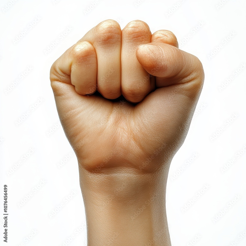 A close-up of a clenched fist symbolizing strength, determination, and empowerment against a clean white backdrop. A close-up of a clenched fist symbolizing strength, determination, and empowerment against a clean white backdrop.