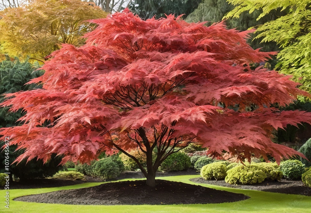maple Acer palmatum 'Seiryu' stands out against a warm autumnal background, with its delicate lacy foliage and bright crimson hues reflecting the changing colors of the season maple Acer palmatum 'Seiryu' stands out against a warm autumnal background, with its delicate lacy foliage and bright crimson hues reflecting the changing colors of the season