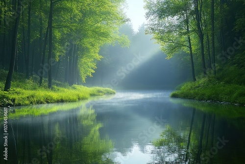 Misty River Flowing Through a Sunlit Forest photo