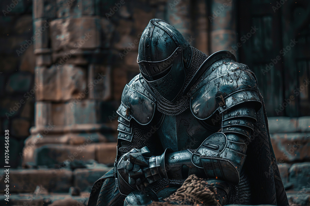 A fantastic royal knight in armor guards the castle chambers A fantastic royal knight in armor guards the castle chambers