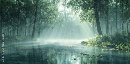 Misty Forest River with Sunlight Streaming Through Trees
