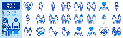 Icons in two colors about people, types of family structures