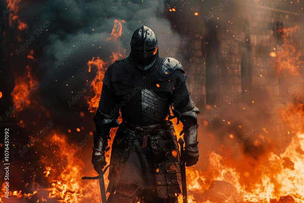 Naklejka premium Fantastic royal knight in iron armor guards castle chambers