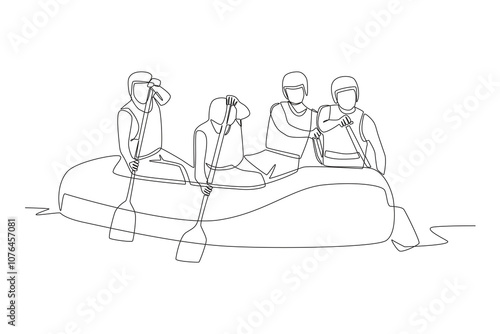 Group enjoying white water rafting. River rafting concept one-line drawing