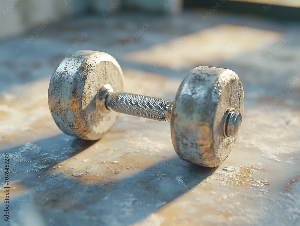Simple image of a single dumbbell on a neutral floor, sharp focus on the weight, clean and modern composition Simple image of a single dumbbell on a neutral floor, sharp focus on the weight, clean and modern composition