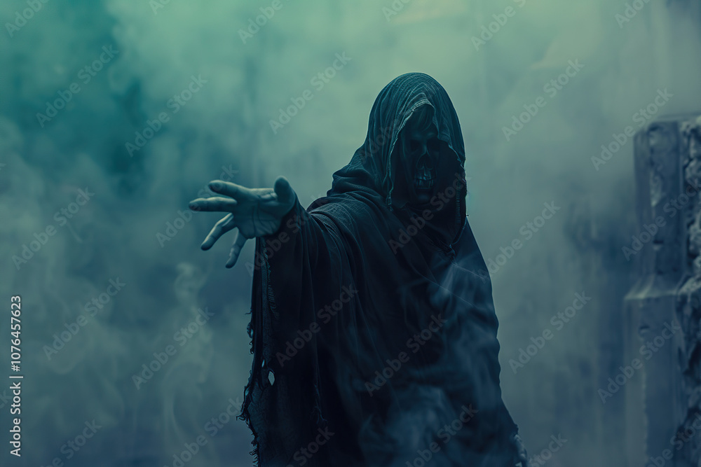 Scary grim reaper with scythe in hell on dark background with dramatic background Scary grim reaper with scythe in hell on dark background with dramatic background