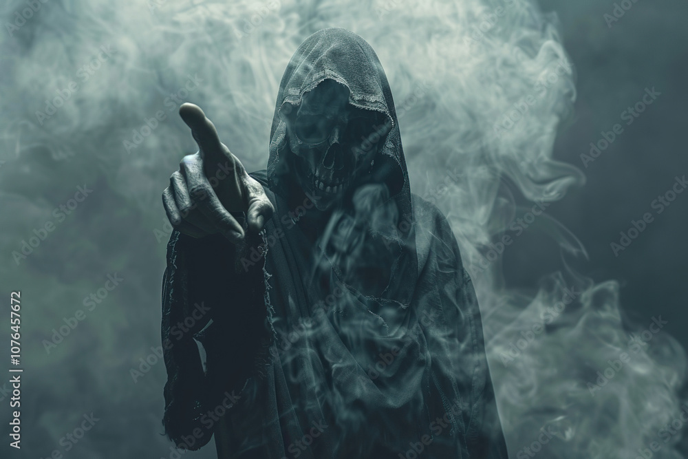 Fototapeta premium Scary grim reaper with scythe in hell on dark background with dramatic background