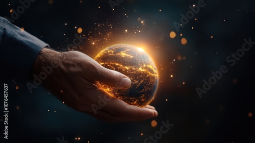 A human hand holding a glowing Earth, metaphorically illustrating the delicate balance of nature and humanity, as well as our shared responsibility to the planet. photo