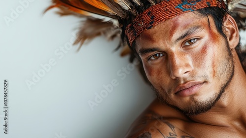 A striking man in feathered headdress looks intensely at the viewer, emphasizing strength and traditional style with tattoos and a culturally rich expression. photo