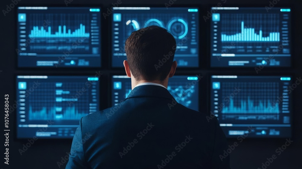 Business professional in a digital landscape, analyzing graphs on floating screens, sleek futuristic environment, data analysis, interface Business professional in a digital landscape, analyzing graphs on floating screens, sleek futuristic environment, data analysis, interface