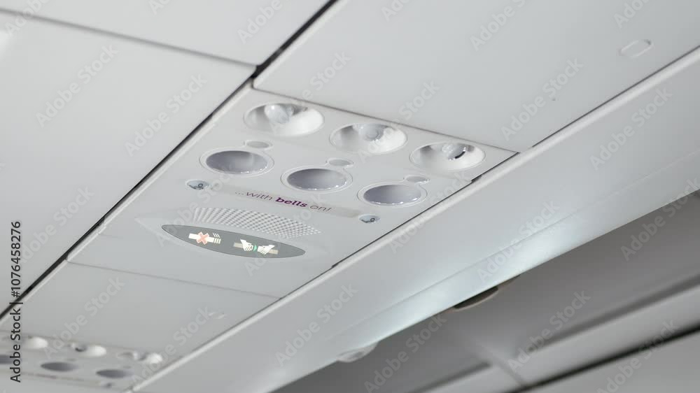 close up of Seat belt notification signal light turns on inside passenger airplane cabin. Flight safety regulations and procedures no smoking sign on a plane. Safety instructions on a aircraft. close up of Seat belt notification signal light turns on inside passenger airplane cabin. Flight safety regulations and procedures no smoking sign on a plane. Safety instructions on a aircraft.