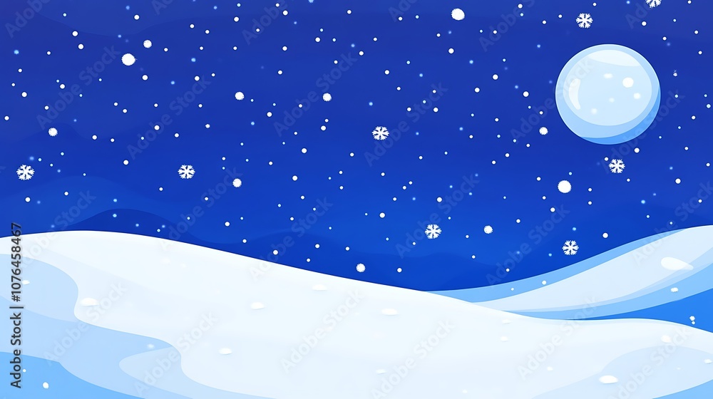 Snowy Landscape Under a Full Moon with Falling Snowflakes Snowy Landscape Under a Full Moon with Falling Snowflakes