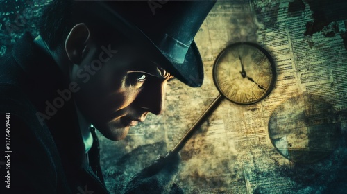 Sherlock Holmes profile with a magnifying glass, clock, and police form, set against an old-fashioned crime investigation theme.  photo