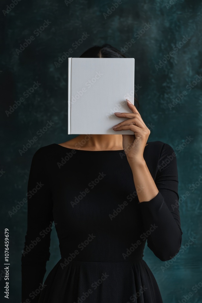 Naklejka premium A woman in a black dress holds a blank book in front of her face against a dark green background. She is shrouded in mystery and intrigue.