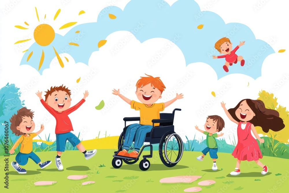 A colorful cartoon illustration of a cheerful child in a wheelchair playing with friends in a park, with plenty of blank space for commercial use. A colorful cartoon illustration of a cheerful child in a wheelchair playing with friends in a park, with plenty of blank space for commercial use.