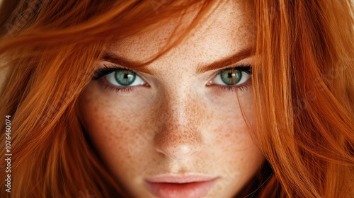 A powerful close-up image of a woman with red hair, where her piercing eyes dominate the frame, highlighting her striking features and evoking a sense of intensity and focus.