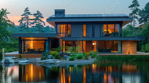 Modern house with solar panels on the roof near lake