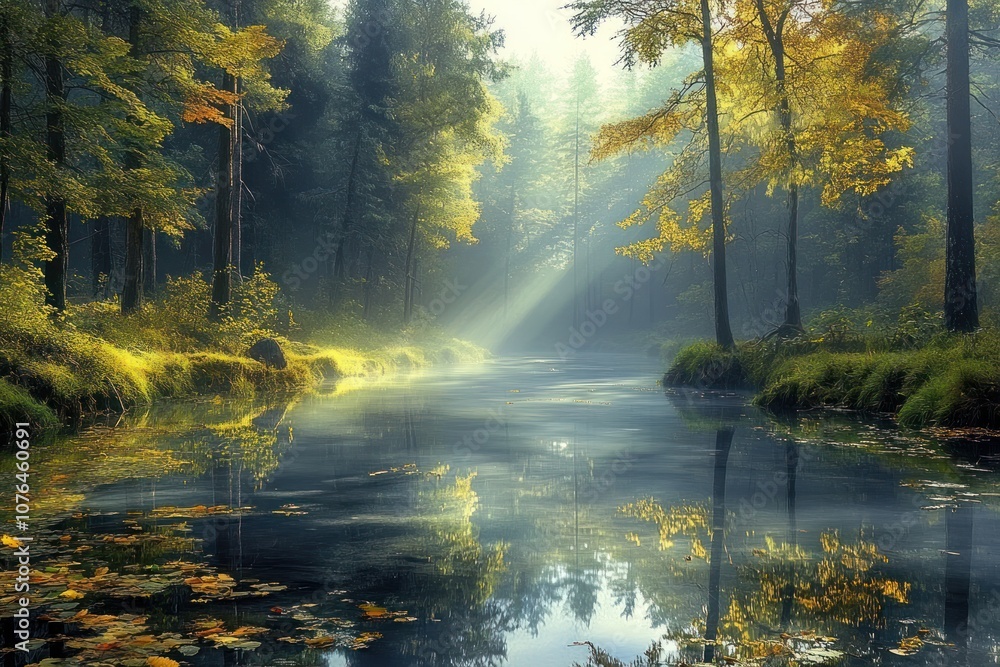 Sunlight Piercing through a Misty Forest River Sunlight Piercing through a Misty Forest River