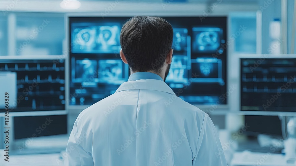 Doctor studying patient history on holographic interface, sterile environment, medical analysis, tech Doctor studying patient history on holographic interface, sterile environment, medical analysis, tech