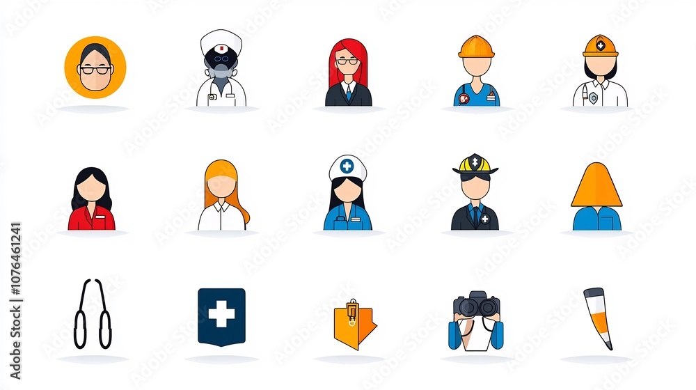 Fototapeta premium A set of modern clean icons representing different professional occupations including a nurse firefighter photographer and lawyer with a minimalist and stylized aesthetic