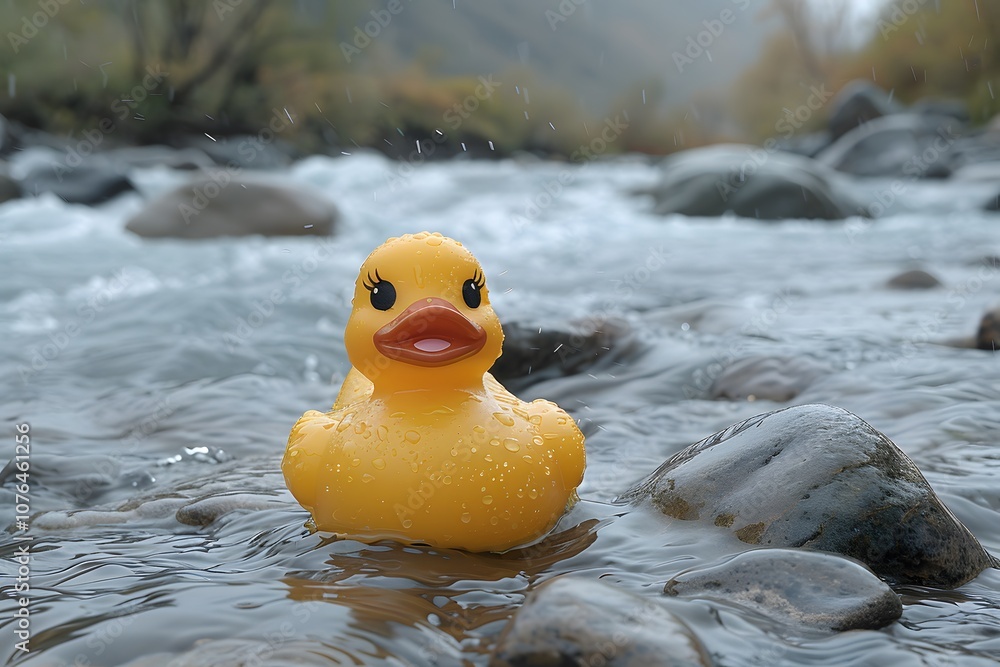 Yellow Rubber Duck in Tranquil River Setting for Nature-Themed Design Yellow Rubber Duck in Tranquil River Setting for Nature-Themed Design