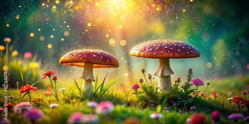 Wallpaper Mural Enchanted Scene of Magical Mushrooms in a Sunlit Meadow with Bokeh Effect, Capturing Nature's Whimsy and Delicate Details in a Dreamy Atmosphere Torontodigital.ca