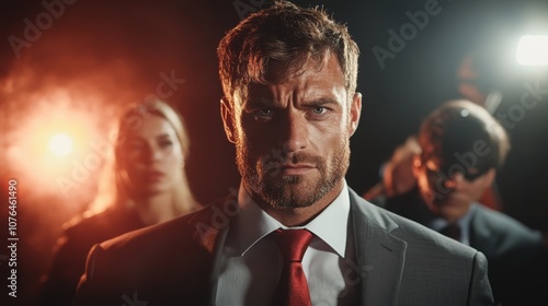 The photo portrays a determined-looking man wearing a business suit under spotlight lighting, highlighting seriousness, focus, and leadership, surrounded by out-of-focus people. photo