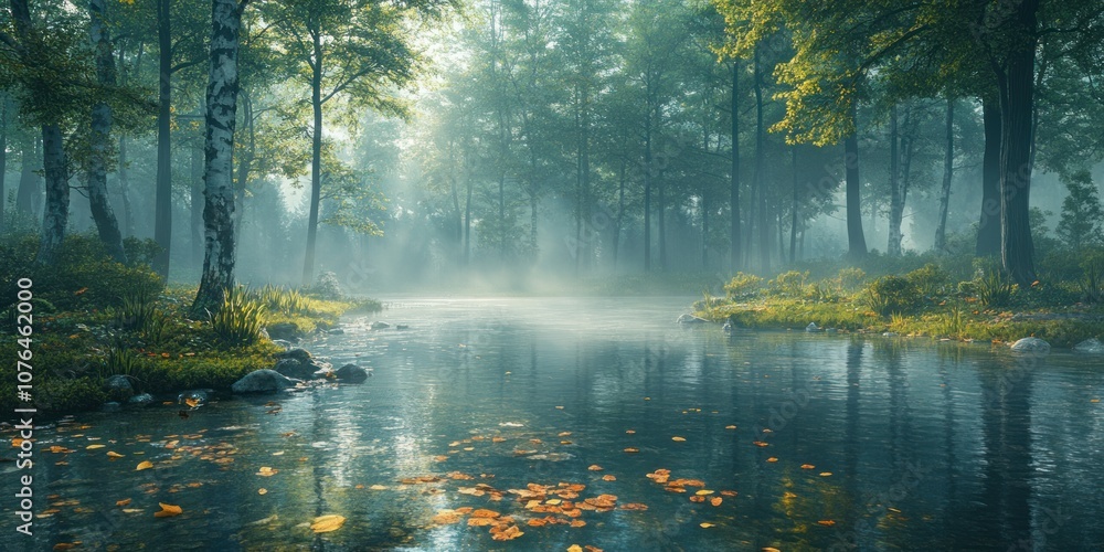 Obraz premium A Mystical Forest Stream with Fog and Fallen Leaves