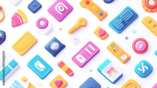  Abstract seamless pattern with colorful buttons and icons on a white background, in a flat lay