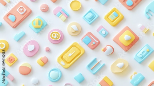  Abstract seamless pattern with colorful buttons and icons on a white background, in a flat lay