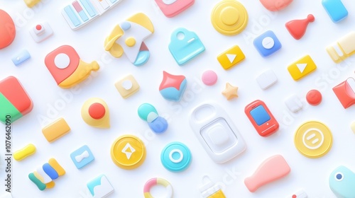  Abstract seamless pattern with colorful buttons and icons on a white background, in a flat lay