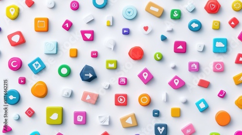  Abstract seamless pattern with colorful buttons and icons on a white background, in a flat lay