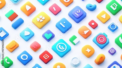  Abstract seamless pattern with colorful buttons and icons on a white background, in a flat lay