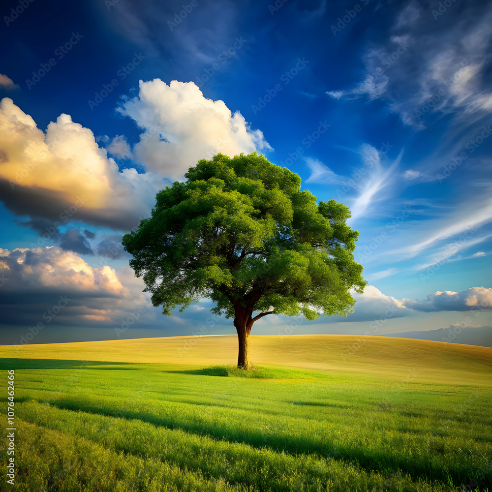 Obraz premium lone tree in green field with blue cloudy sky