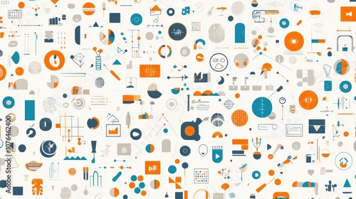  Abstract seamless pattern with colorful buttons and icons on a white background, in a flat lay