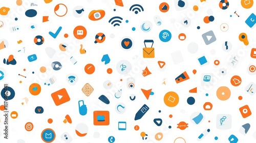  Abstract seamless pattern with colorful buttons and icons on a white background, in a flat lay