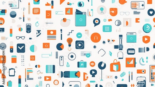  Abstract seamless pattern with colorful buttons and icons on a white background, in a flat lay