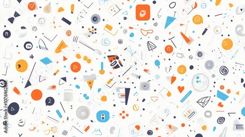  Abstract seamless pattern with colorful buttons and icons on a white background, in a flat lay