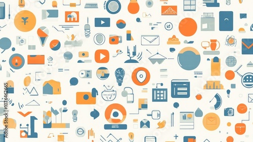  Abstract seamless pattern with colorful buttons and icons on a white background, in a flat lay